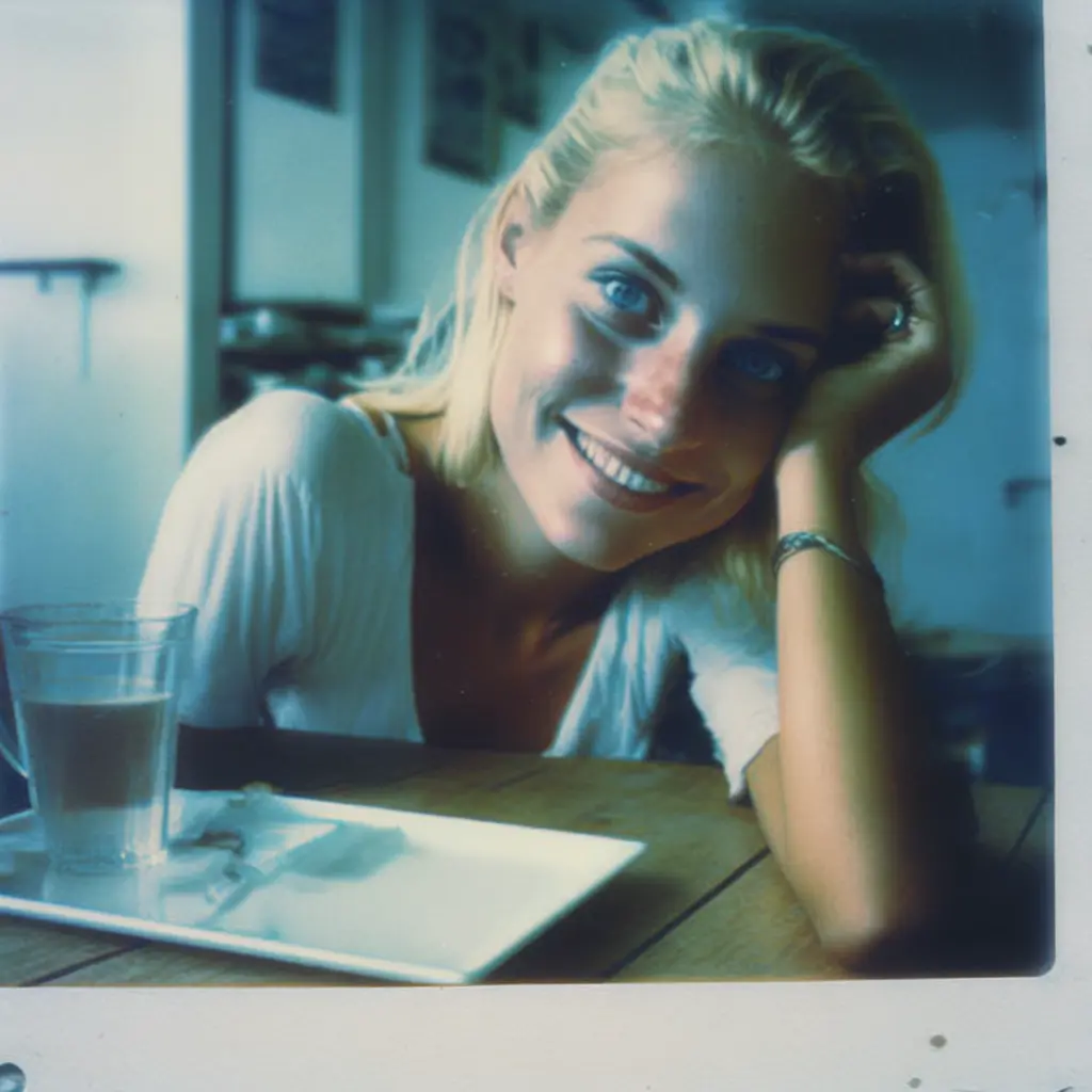 blonde girl leaning on table and smiling at camera, detailed facial features, detailed eyes, polaroid, 1991